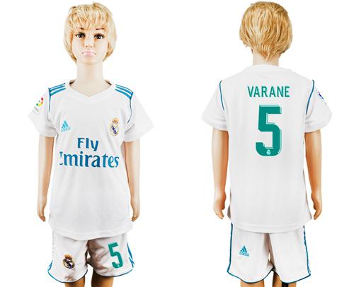 Real Madrid #5 Varane White Home Kid Soccer Club Jersey - Click Image to Close